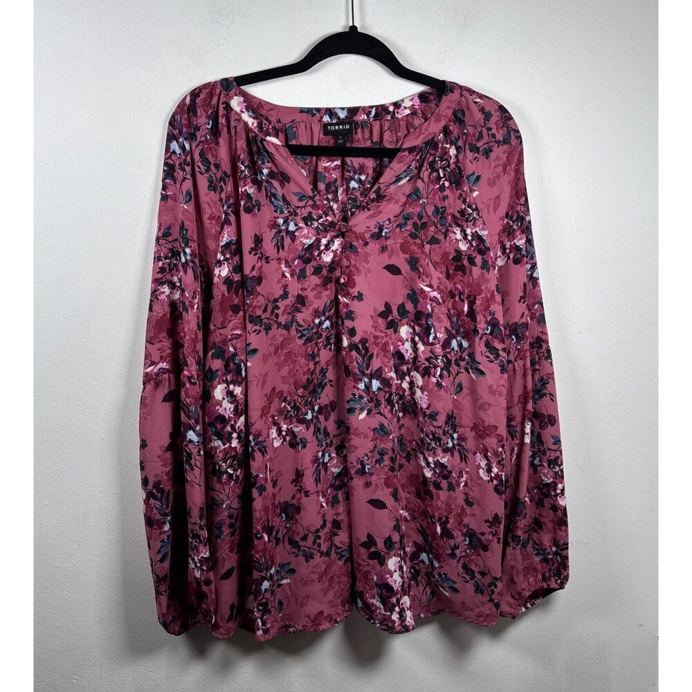 Torrid Plus Size 1 Pink Floral V-Neck Blouse Flowy Cottagecore Peasant Boho Top